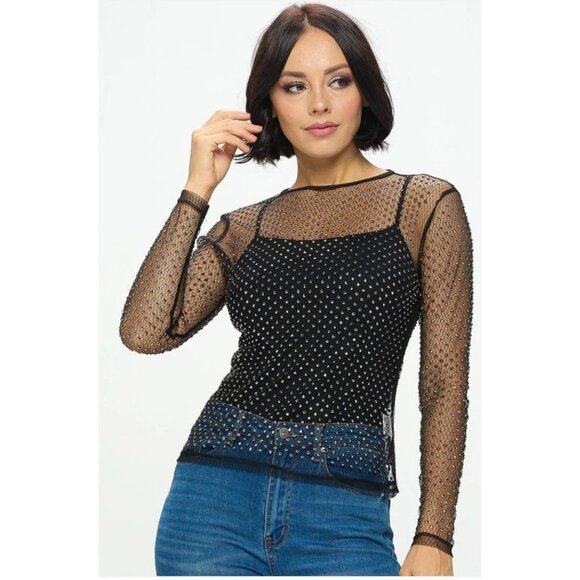 Size Small SEXY‎ BLACK MESH SHEER EMBELLISHED GOLD STUD TOP Dressy Evening Club - Picture 4 of 8